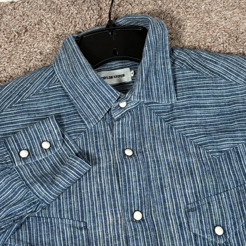 Taylor Stitch Mens Blue Striped Hemp Cotton Western Snap Button Shirt Size 40
